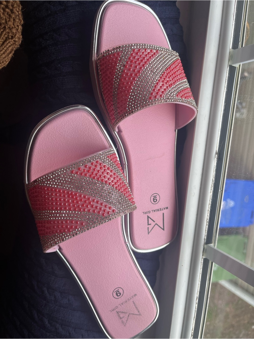 Material Girl Pink Crystal-Embellished Slide Sandals